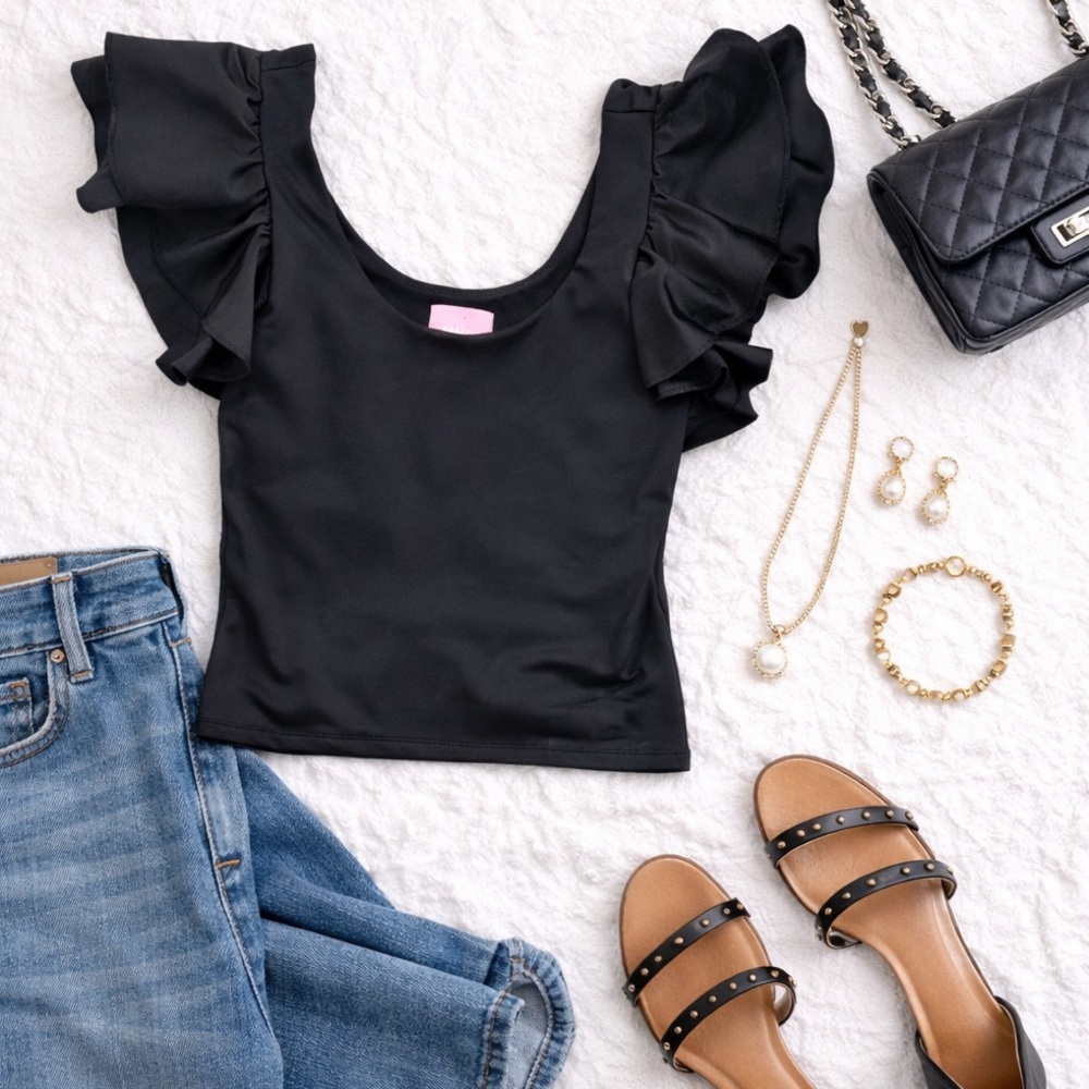 Muse Republic Clothing Black Ruffled Sleeve Off Shoulder Crop Top